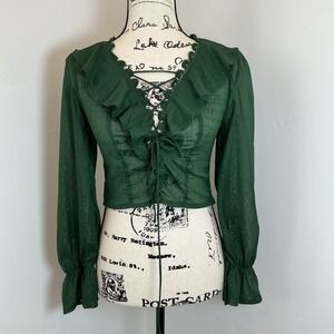Milk & Honey Blouse Women Small Green Excellent Lace Up Ruffle Shimmer Crop Top